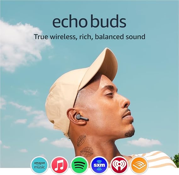 Amazon Echo Buds (2023 Release) | True Wireless Bluetooth 5.2 Earbuds with Alexa, audio personalization, multipoint, 20H battery with charging case, fast charging, sweat resistant | Black